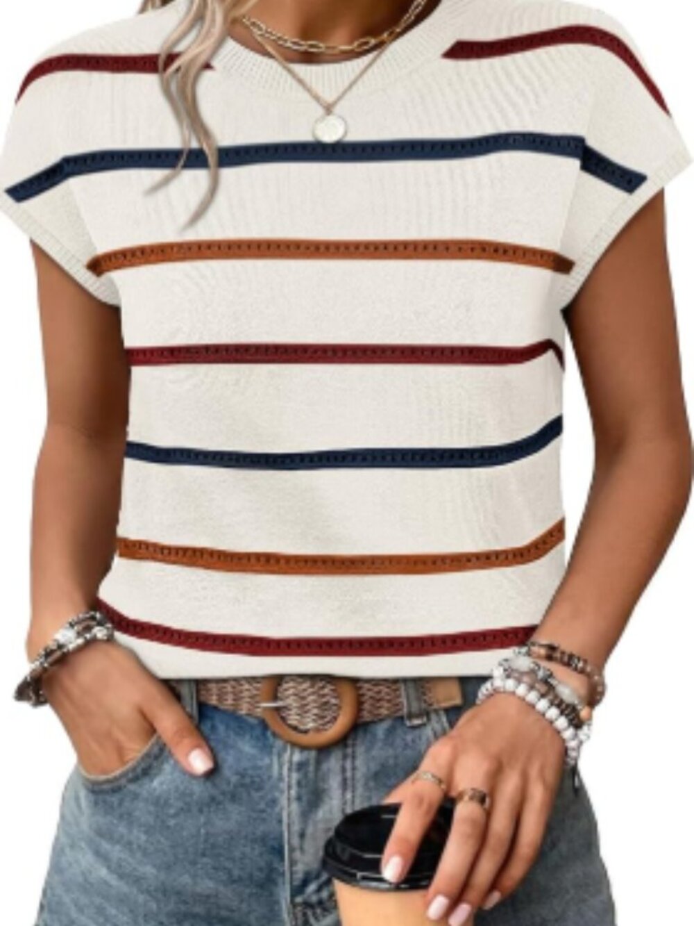 WIHOLL Striped Hollow Out Knit Sweater Top L Cap Sleeve Lightweight